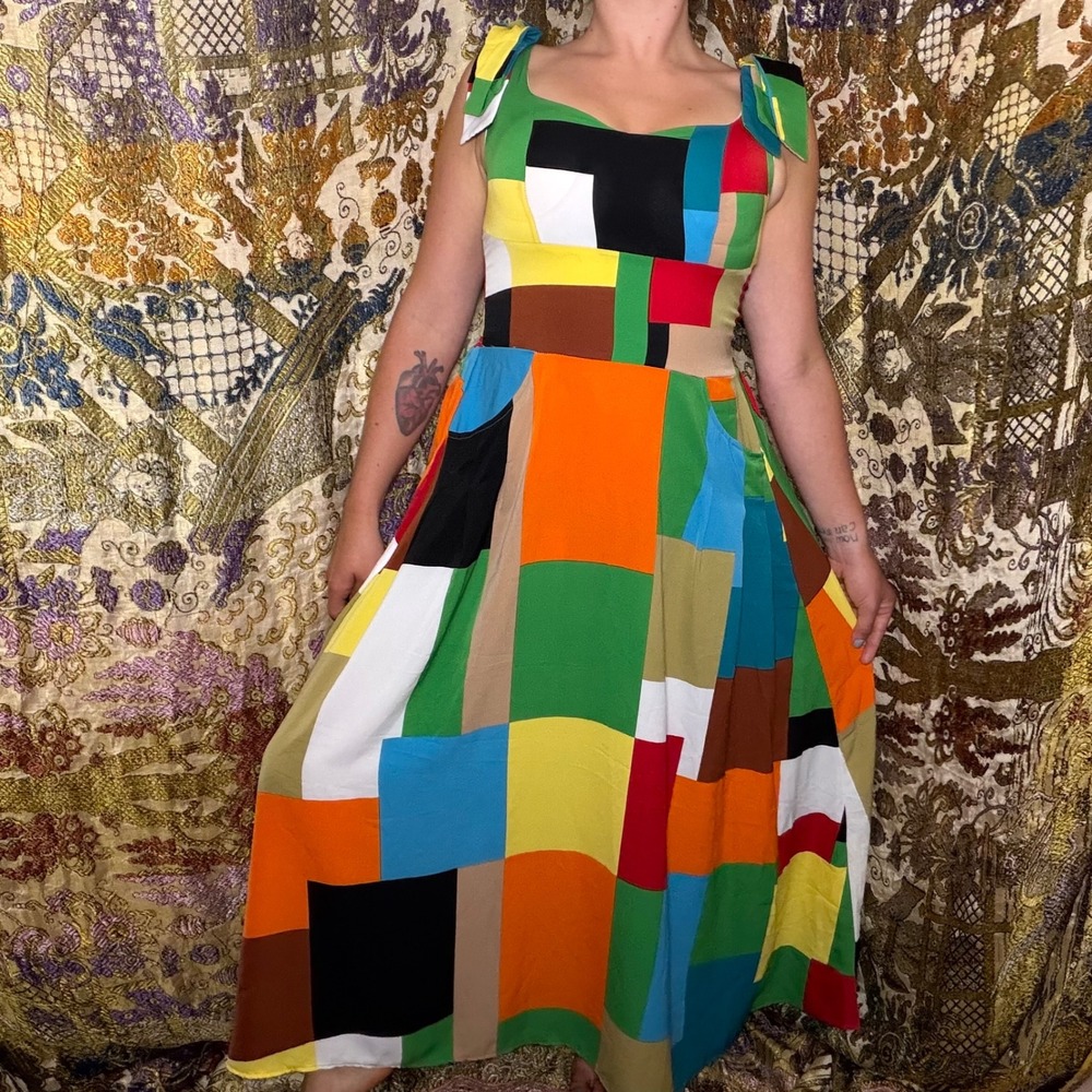 NWT Color Block Patchwork Print Artsy Sleeveless Tie Waist Maxi Dress Size S